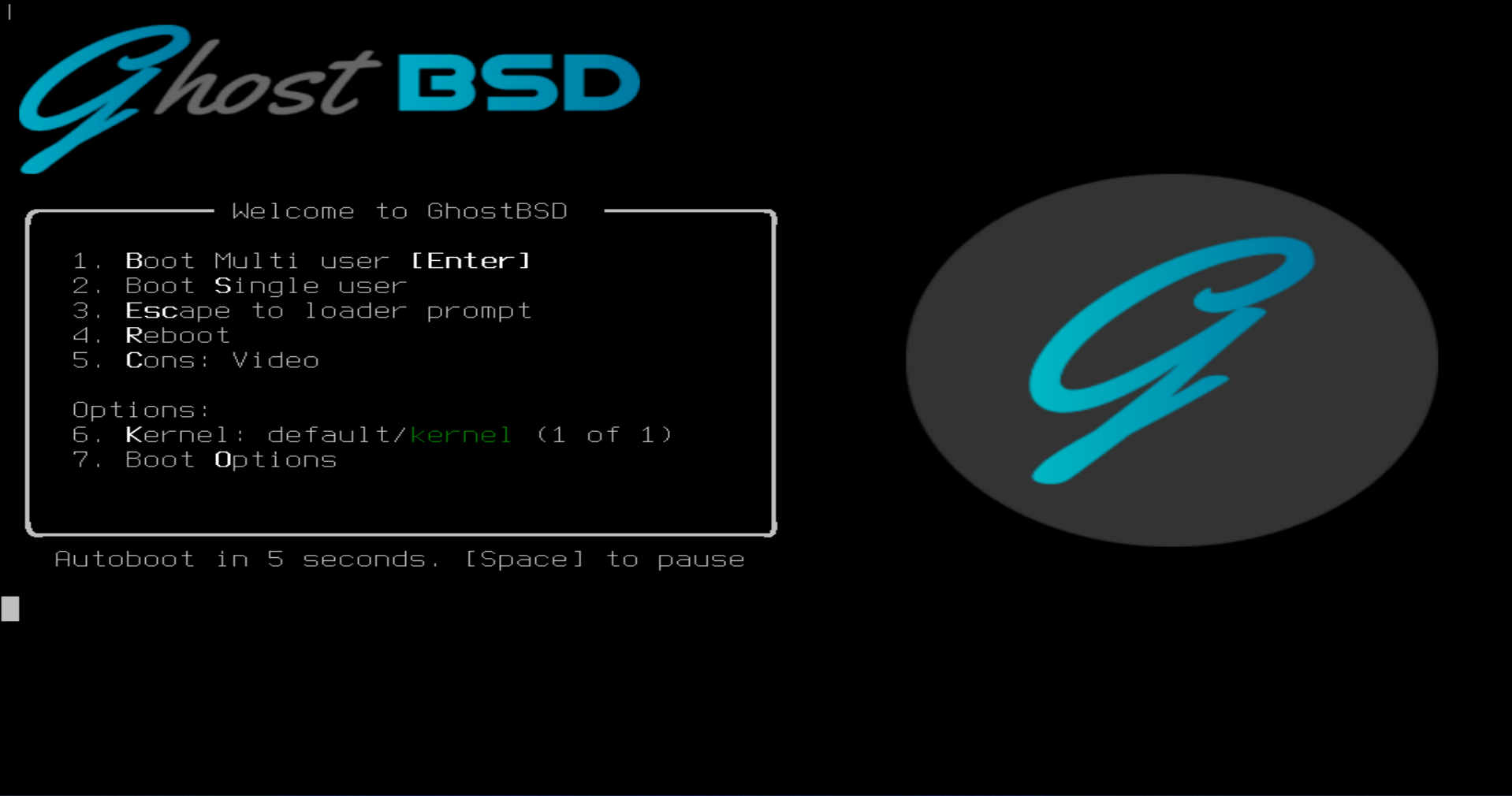 Loader menu for GhostBSD booted in UEFI mode.