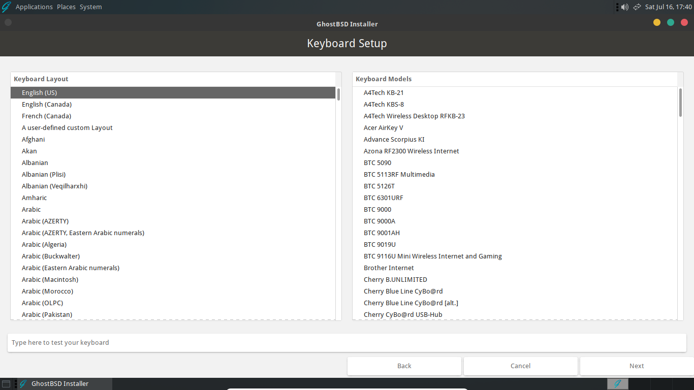 Keyboard selection in GhostBSD installer.