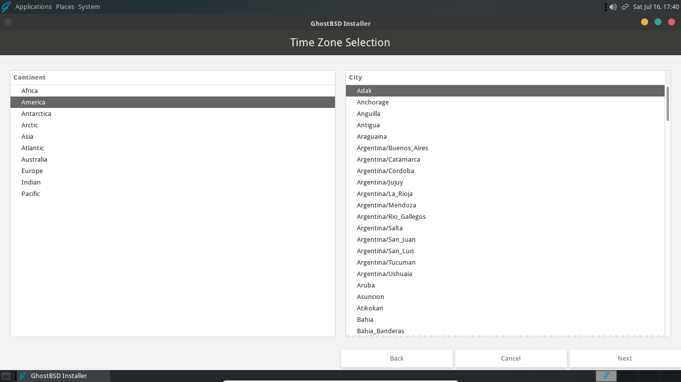 Timezone selection in GhostBSD installer.