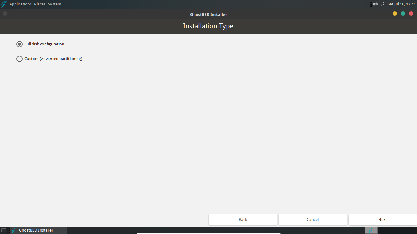 Installation type selection in GhostBSD installer.